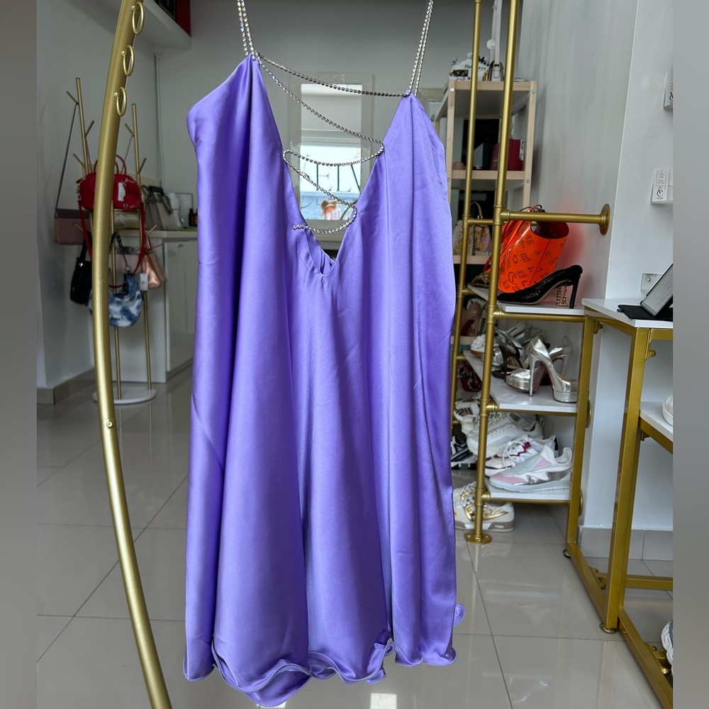 Purple Satin Mini Rhinestone Ruffle Dress - Picture 4 of 4